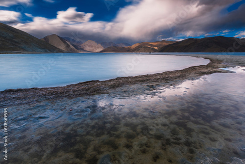 super view of panggong lake, in Ladakh, India. Panggong Lake is well known as the shooting point if 3 idiots bollywood movies. The lake is magical because its turqoise water. 