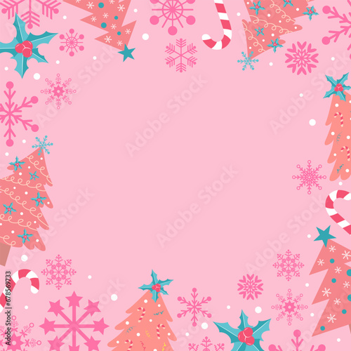 Fototapeta Naklejka Na Ścianę i Meble -  Pastel pink background with snowflakes, Christmas trees, holly berries and candy cane. Festive Xmas design. Glamour pinkmas style. Empty space for your text. Template for cards, banner, poster.