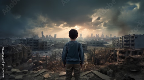A young child stands in the foreground, gazing somberly at the ruins of a house demolished by a recent bombing in a wartorn city, reflecting the tragic impact of conflict on children.