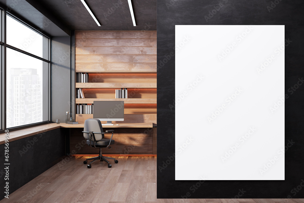 Modern wooden home office interior with empty white mock up banner, desk, shelves, chair and window. 3D Rendering.