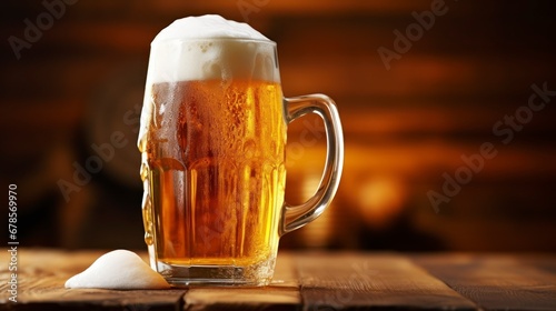 The Aesthetic Charm of an Overflowing Beer Pint, with Its Lush Foam Head, on a Rustic Wood Background. Generative AI