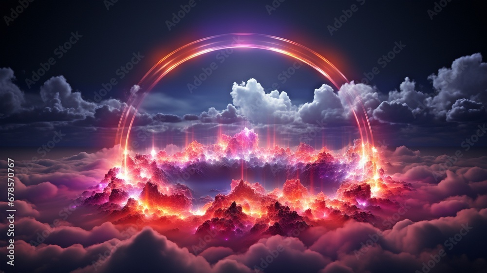 3D render of an abstract cloud over a pitch-black night sky with neon light rings illuminating it. Round frame, glowing geometric form..