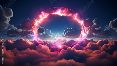 3D render of an abstract cloud over a pitch-black night sky with neon light rings illuminating it. Round frame  glowing geometric form..