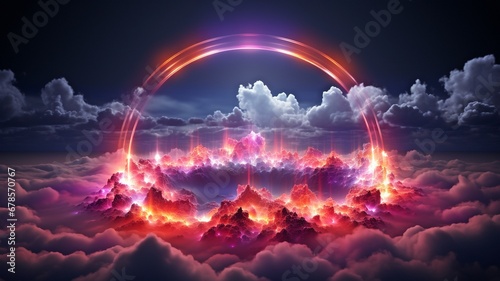 3D render of an abstract cloud over a pitch-black night sky with neon light rings illuminating it. Round frame  glowing geometric form..