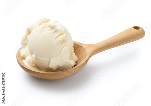木のスプーンですくったバニラアイスクリーム photo