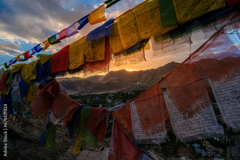 Fototapeta premium Magnificent view of Leh City from Above during golden hour time. Leh in capital city of Ladakh, located in India. Ladakh also well known as the highland because its over 3.500 meters above sea level