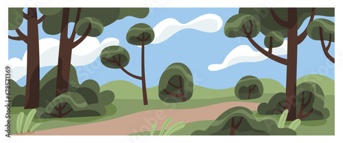 Nature landscape. Footpath, trail among trees, grass and shrubs. Pathway in f...