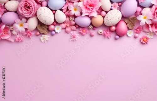 Colorful Easter chocolate eggs, bunnies and spring flowers border flat lay on pink background. Happy Easter! Stylish easter layout, greeting card or banner template.