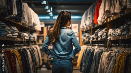 Woman in a clothes store from behind in denim style hands in pockets not knowing what to buy at Black Friday thinking that buying online would be better