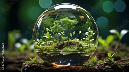 a green shrub with a virtual screen emblem and a globe made of crystal. conservation, the green and eco environment. Global Environment Day.Concept of ecology and nature. .