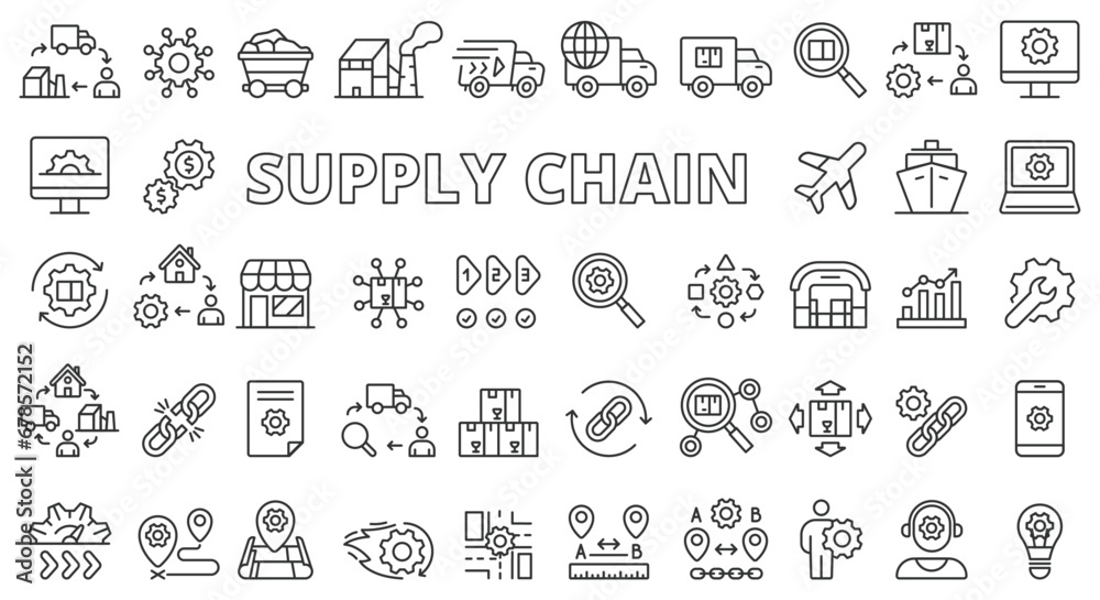 Supply chain icon set line design. Logistics, Distribution, Warehouse, Inventory, Transportation, Management, Shipping, Delivery Business vector illustrations. Supply chain editable stroke icons
