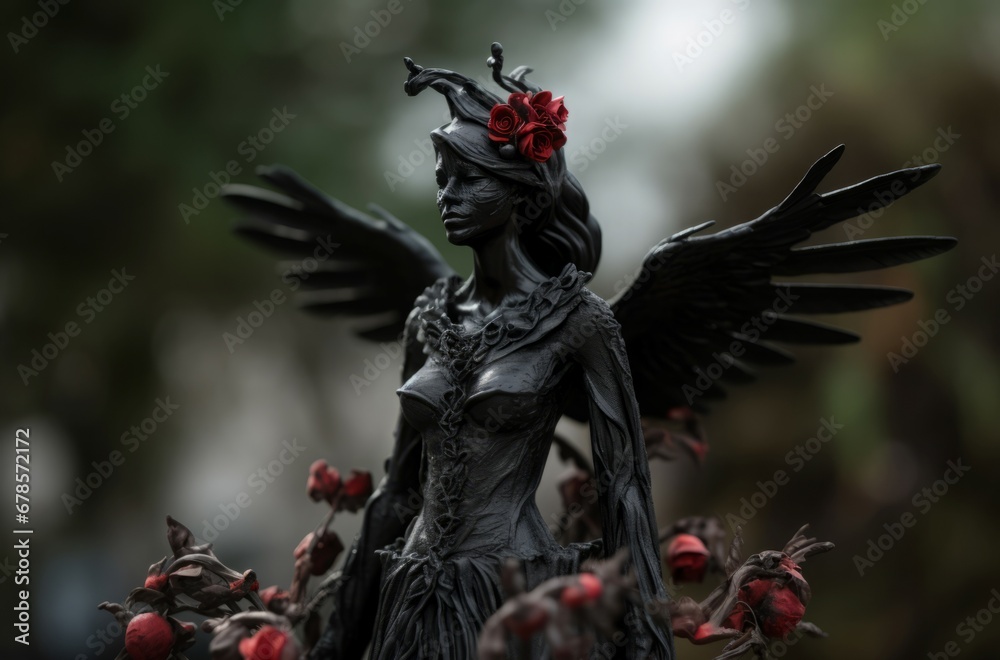 Fototapeta premium Dark angel figurine with red flowers. Peace pray death card prayer. Generate Ai
