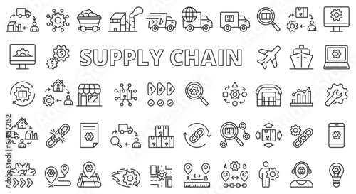 Supply chain icon set line design. Logistics  Distribution  Warehouse  Inventory  Transportation  Management  Shipping  Delivery Business vector illustrations. Supply chain editable stroke icons 