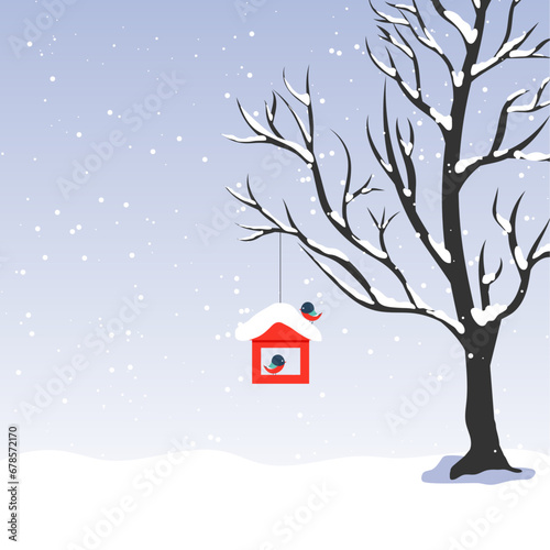 vector with a red bird feeder on a tree branch. winter landscape with bullfinches at a feeding trough