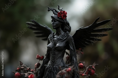 Dark angel figurine with red flowers. Peace pray death card prayer. Generate Ai photo