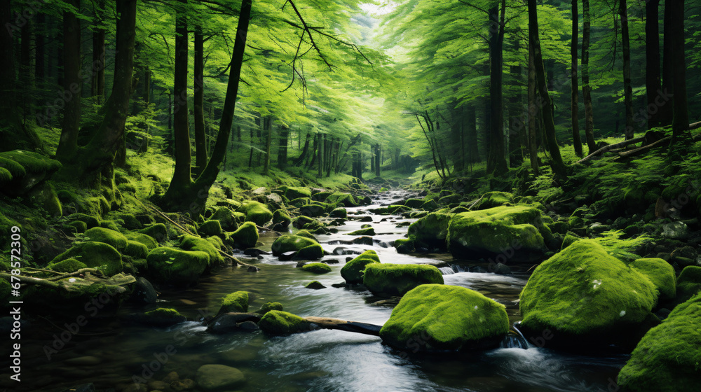 A stream running through a lush green forest