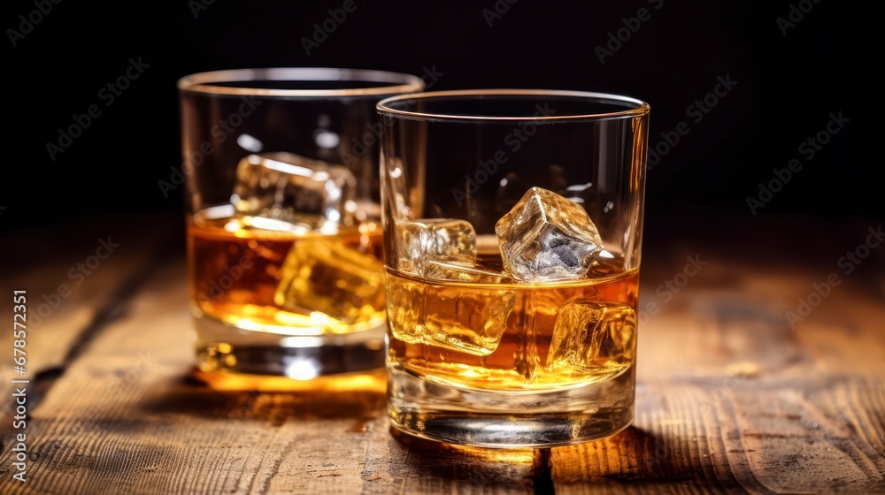 Timeless Elegance - Two glasses of whiskey with ice cubes served on wooden planks with keg. Vintage countertop with highlight and glasses of hard liquor. Generative AI Timeless Elegance - Two glasses of whiskey with ice cubes served on wooden planks with keg. Vintage countertop with highlight and glasses of hard liquor. Generative AI