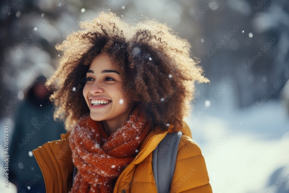 Smiling American African woman and friend driving car on the way to travel on winter season. generative ai Smiling American African woman and friend driving car on the way to travel on winter season. generative ai