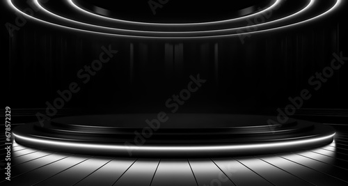empty circular dark stage with spotlights and white neon lights