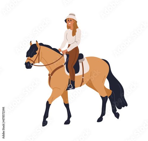 Woman riding horse. Stallion trotting with equestrian on horseback. Equine stroll, horseriding hobby, activity. Happy girl rider, horsewoman. Flat vector illustration isolated on white background