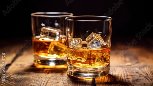 Timeless Elegance - Two glasses of whiskey with ice cubes served on wooden planks with keg. Vintage countertop with highlight and glasses of hard liquor. Generative AI