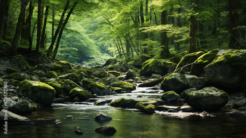 A stream running through a lush green forest