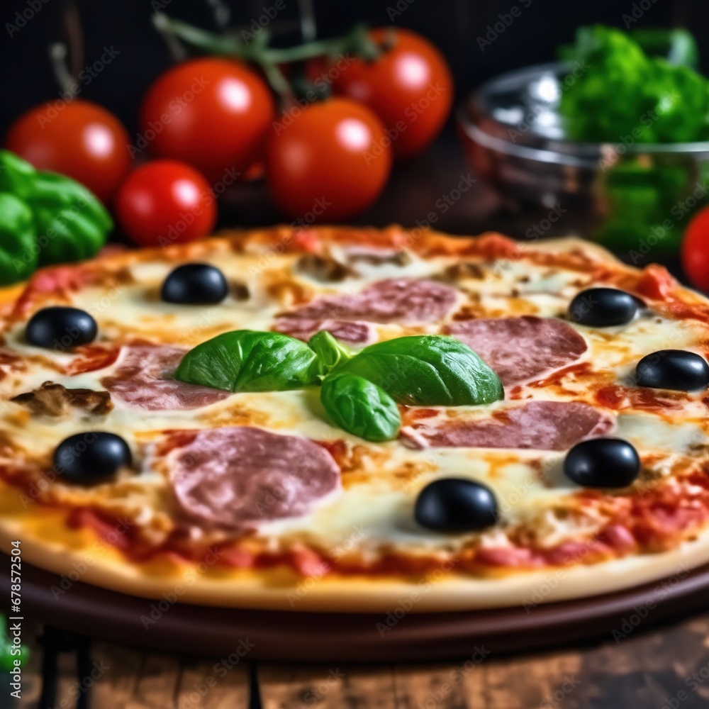 pizza on a wooden dish on the table, tomatoes and herbs around. pizza on a wooden dish on the table, tomatoes and herbs around.