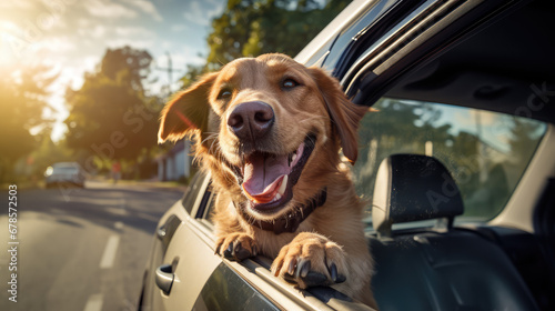 Сheerful funny dog peaking his head out of the window of a speeding car. Creative banner traveling with animals, car trips with dog.  photo