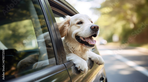 Cheerful funny white dog peaking his head out of the window of a speeding car. Creative banner traveling with animals, car trips with dog. 