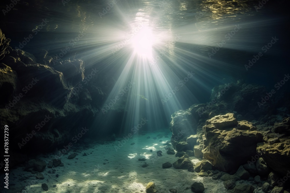 Dramatic underwater cave sunlight shining adventure. Nature tropical water wall. Generate Ai