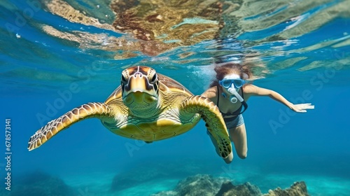 Underwater Encounter. A Woman's Mesmerizing Snorkeling Experience with a Hawksbill Turtle. Generative AI
