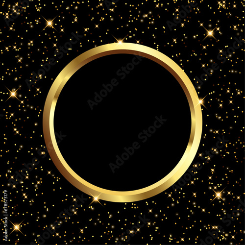 Vector template of shining gold circle, golden ring, frame round with glitter for Christmas celebration party, New Year card, wedding, bachelorette party, baby shower party, logo, casino. 