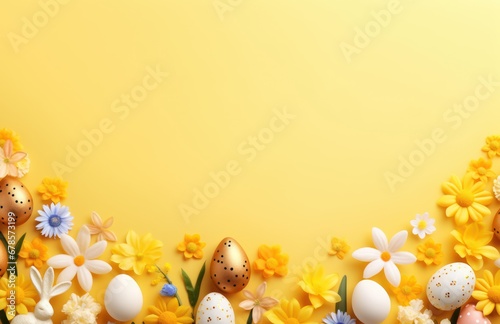 Colorful Easter eggs, bunnies and spring flowers border flat lay on yellow pastel background. Happy Easter! Stylish easter layout, greeting card or banner template photo