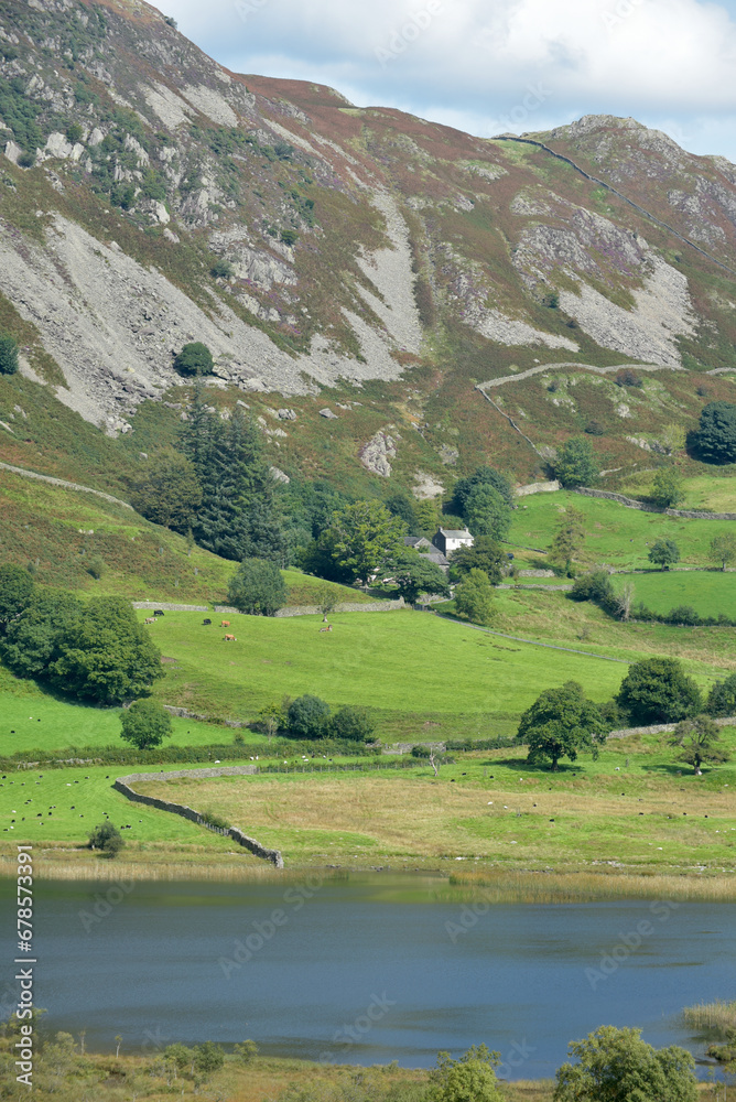The small lake of Langdale Tarn in the valley of Little Langdale in the Lake District
