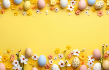 Colorful Easter eggs, bunnies and spring flowers border flat lay on yellow pastel background. Happy Easter! Stylish easter layout, greeting card or banner template
