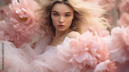 A woman in a pink dress surrounded by pink flowers