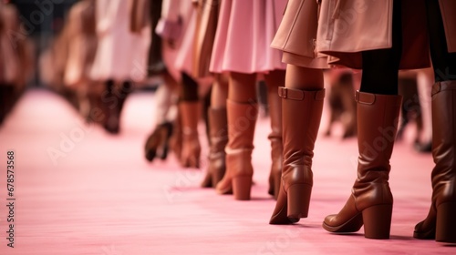A row of women in high heel boots on a pink carpet