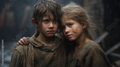 A couple of kids standing next to each other in the rain