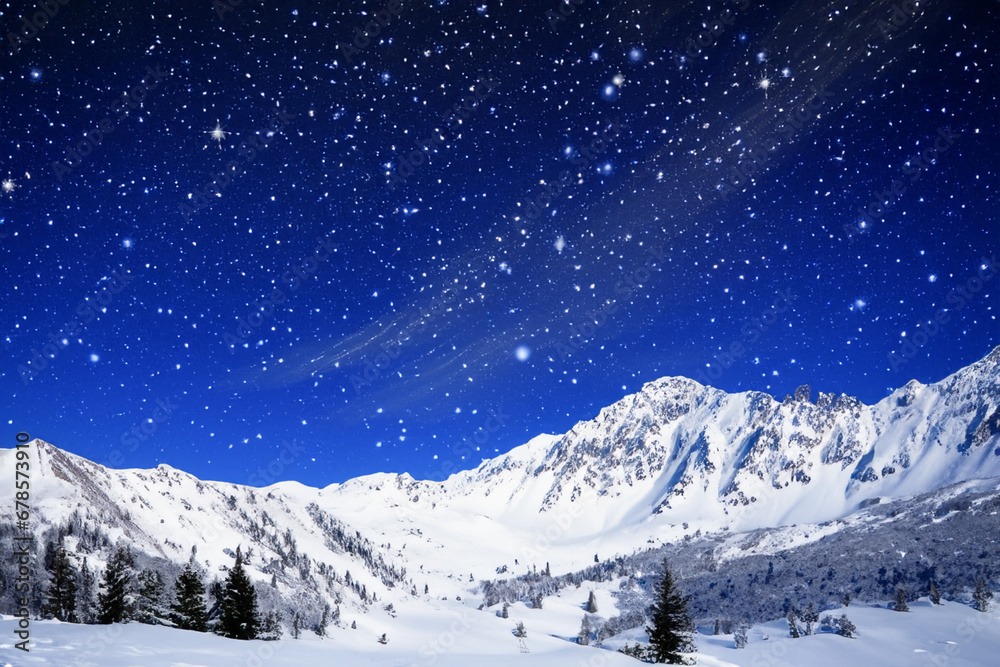 Fototapeta premium night sky in the mountains. starry sky on snow-capped peaks, valley between mountains. atmospheric wallpaper concept