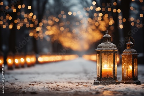 Outdoor Christmas light display illuminating snowy evening background with empty space for text 