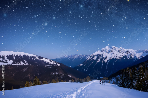 starry sky and mountains. many stars in the sky above the snowy peaks, footprints in the snow and people. winter hiking atmosphere concept © ibragimova