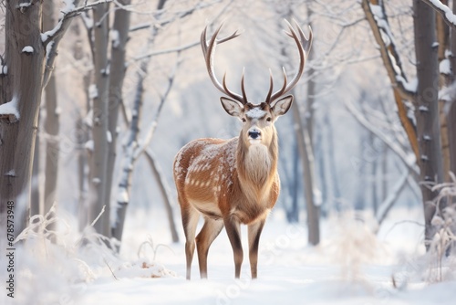 Majestic deer grazing peacefully in a serene snow-covered winter forest 