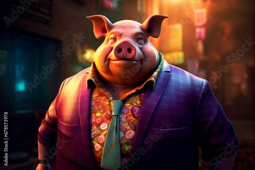 Filthy fat rich pig dressed in casual suit. Dirty overweight piggy human shaped in casual outfit. Generate ai photo