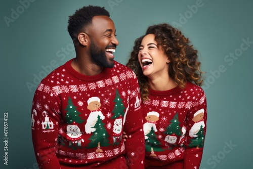 Guests in ugly Christmas sweaters mingling isolated on a gradient background 