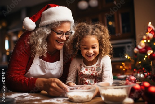 Grandmother and granddaughter joyfully icing Christmas cookies in a festive kitchen  photo