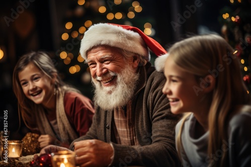 Family laughing and sharing stories around the Christmas breakfast table 