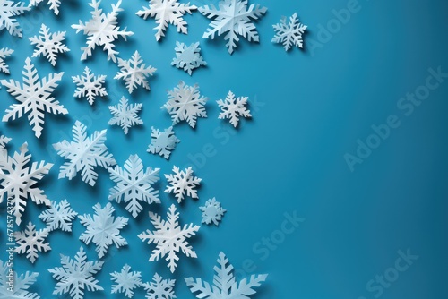Creating DIY paper snowflakes scattered on crafting table background with empty space for text 