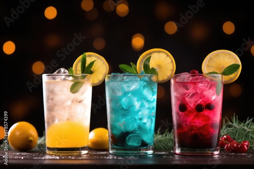 Colorful holiday cocktails adorned with festive garnishes background with empty space for text 
