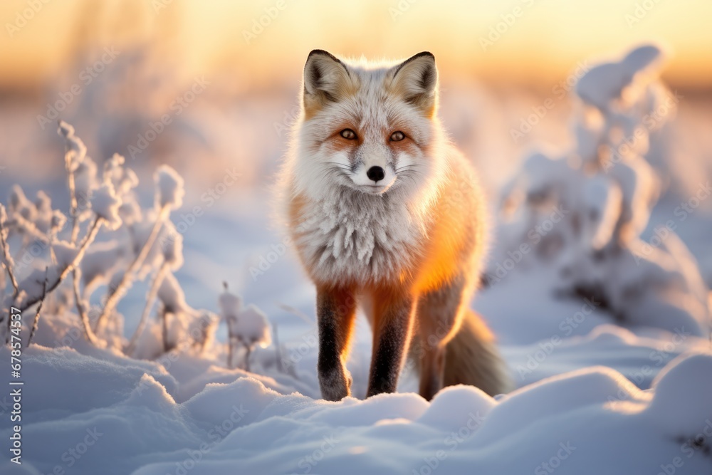 A lone fox navigating snow-laden Arctic tundra in twilight glow 