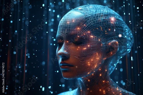 Female face with matrix digital numbers, dots, links, hologram. The concept of artificial intelligence AI. Robotic wired head